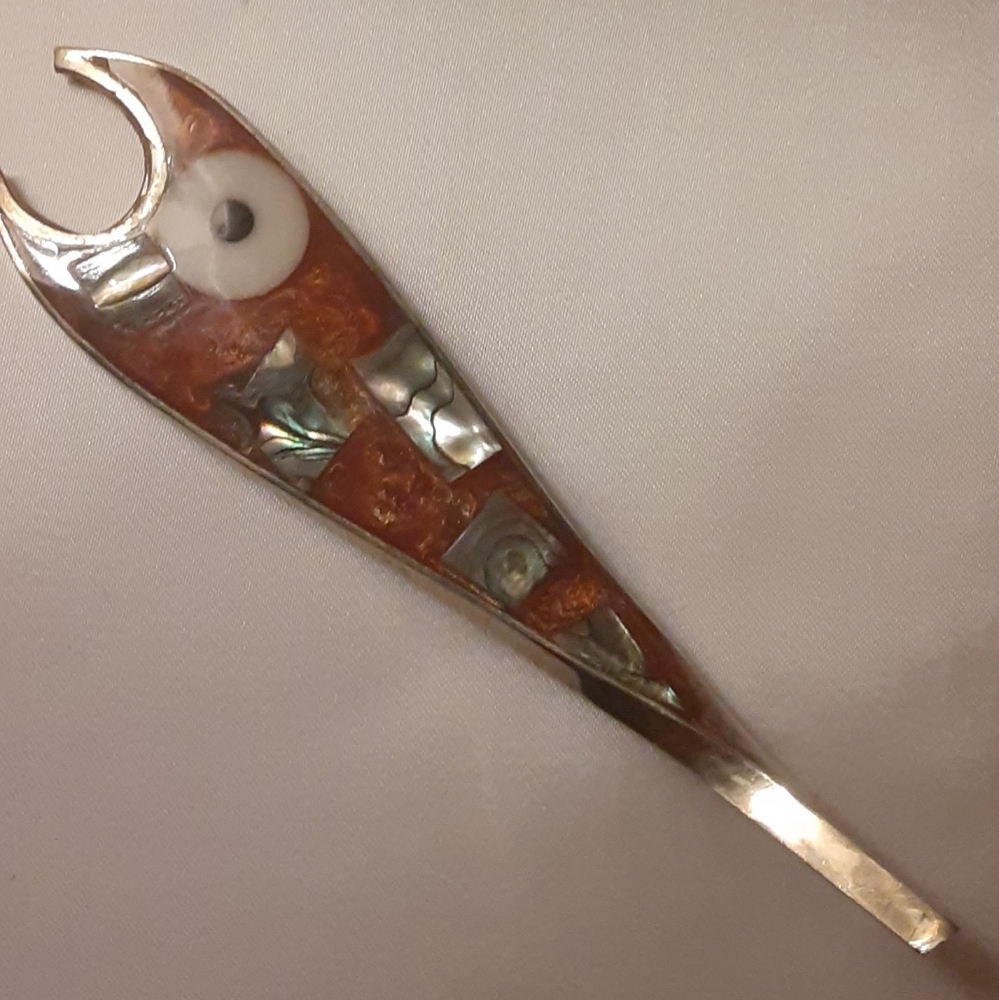 Handmade ABALONE & ALPACA FISH BOTTLE OPENER ~ Mexico 1980's